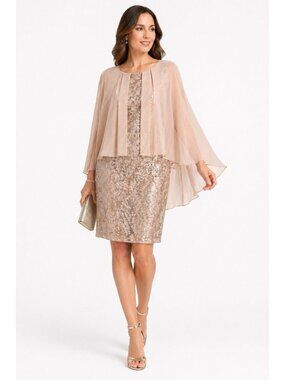 NEW ALEX EVENINGS cocktail dress sequins capelet 12P champagne formal party